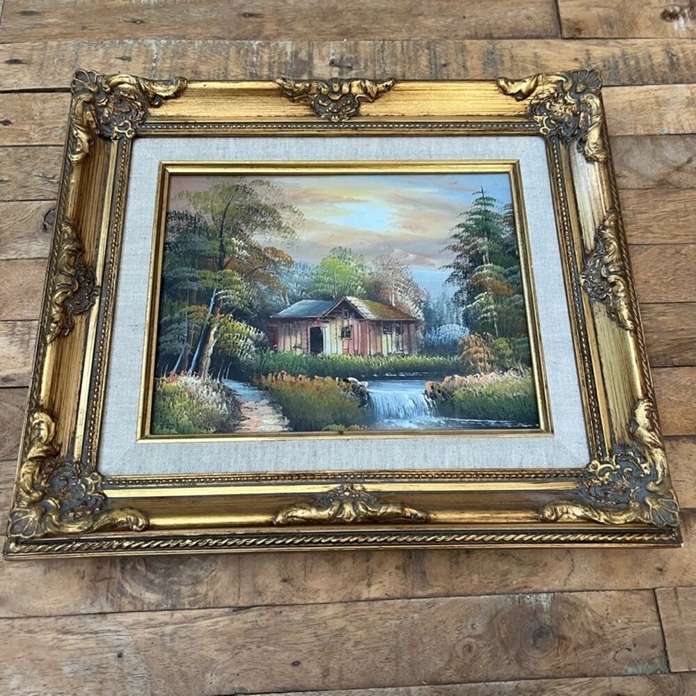 Vintage-style Oil Painting Cabin by a river Gold Ornate Wood Frame - Picture 2 of 11